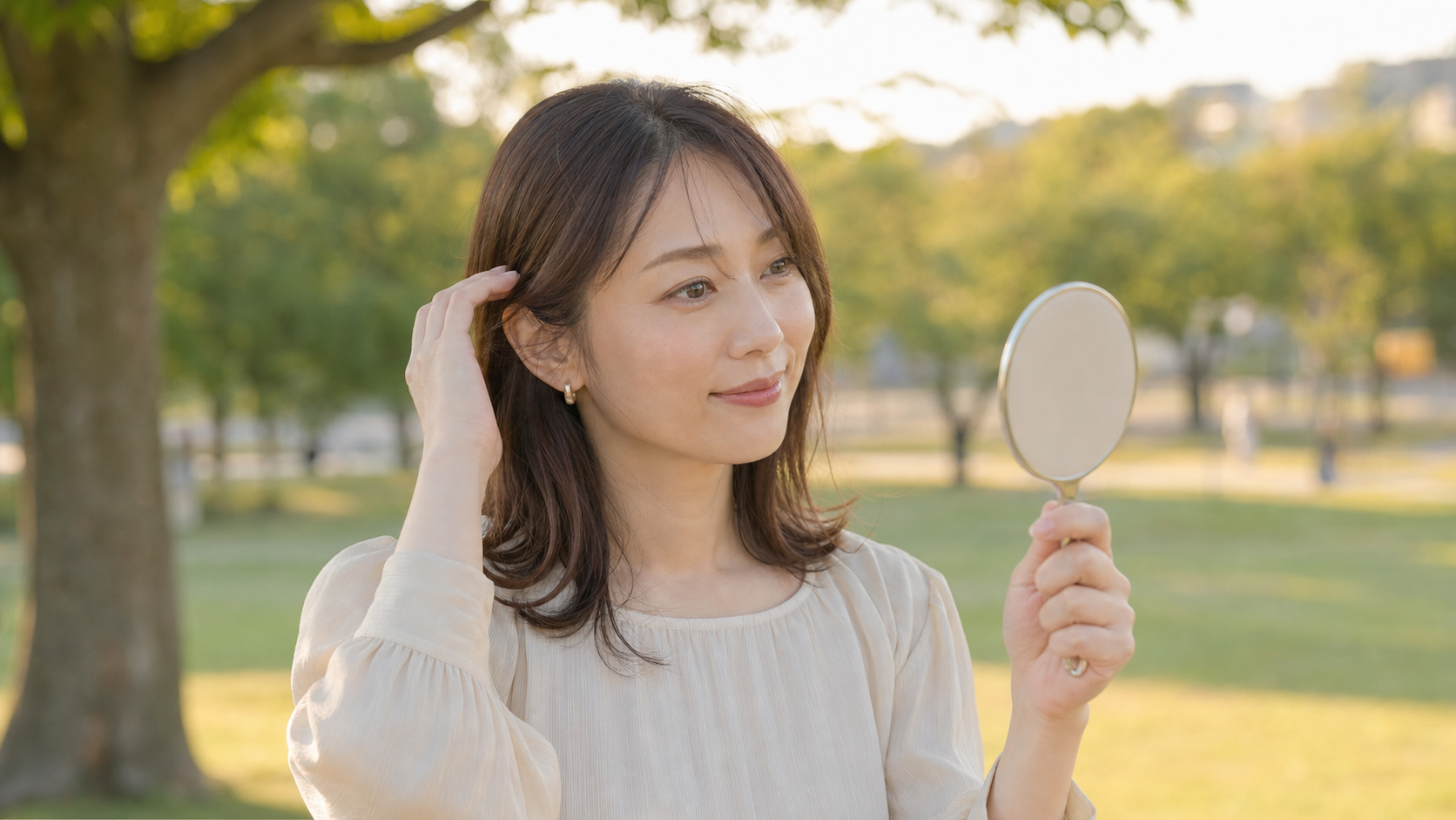 撮影前に公園で髪を整える女性