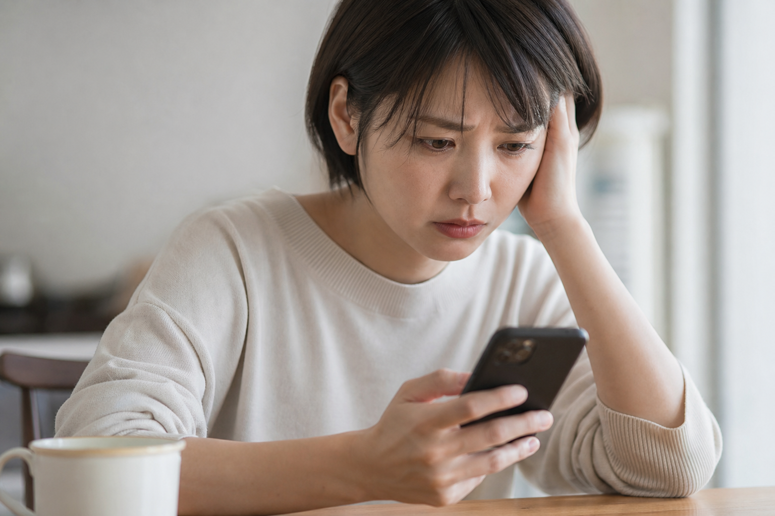 スマホを見て不安そうな女性