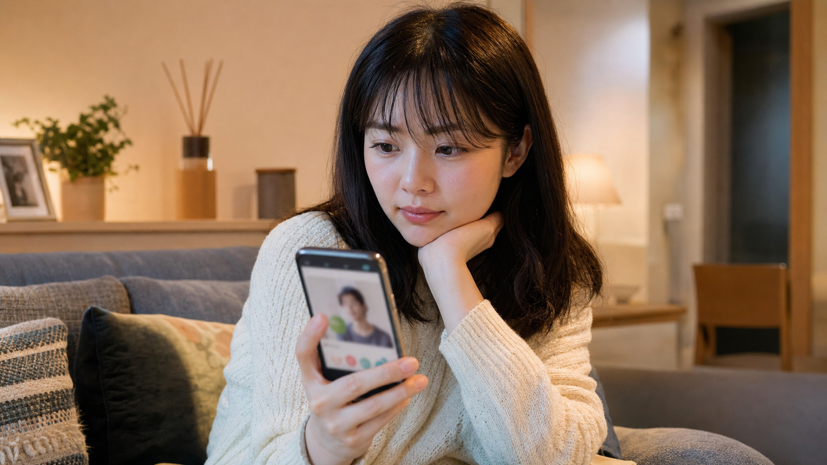 マッチングアプリの画面を見る女性