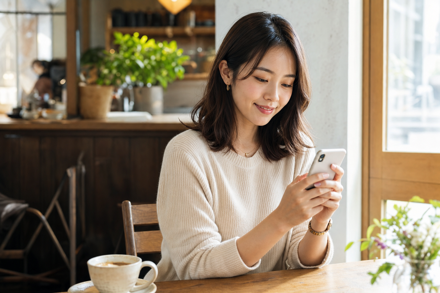カフェでスマホを見る若い女性