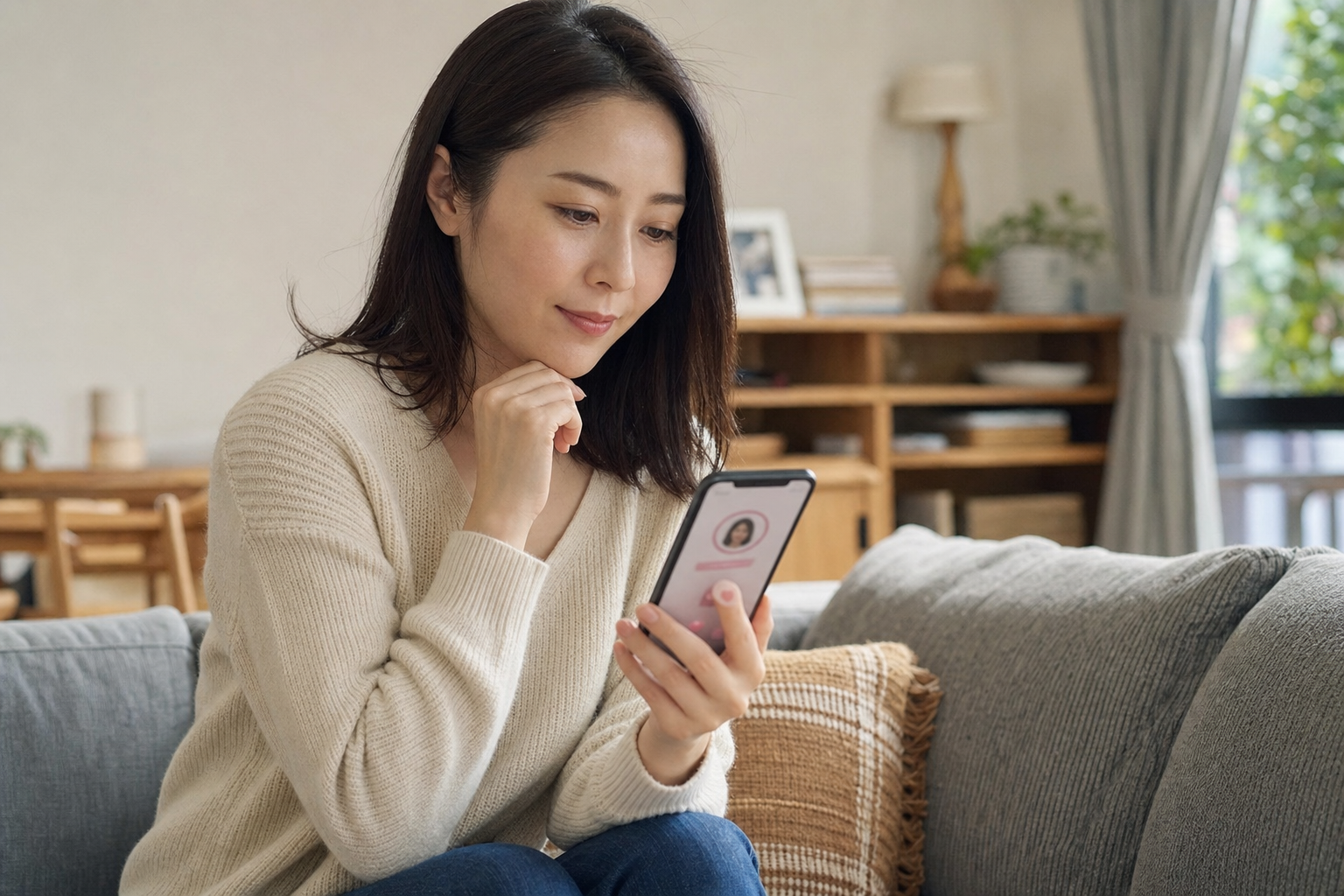 スマートフォンでマッチングアプリを使う女性
