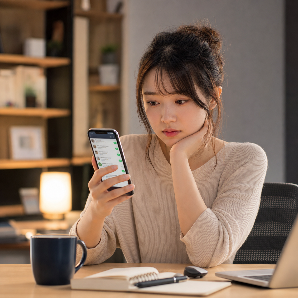 複数のチャットを確認する女性