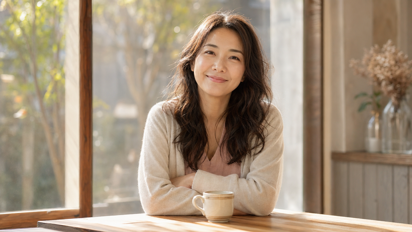 カフェで笑顔の女性